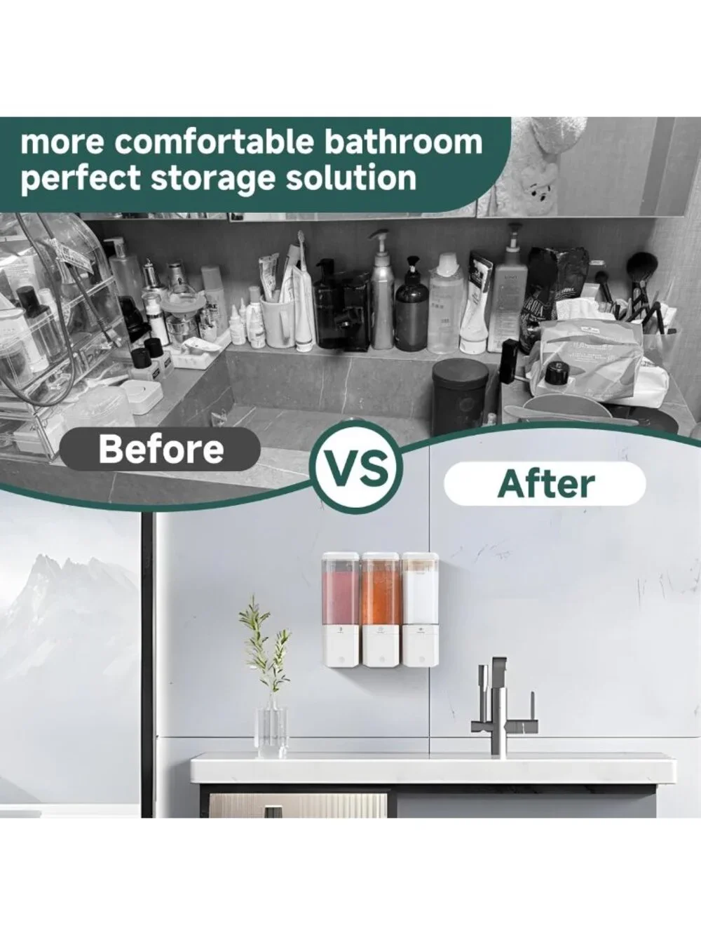 Wall-Mounted 3-Chamber Shampoo & Conditioner Dispenser - No Drill, Refillable